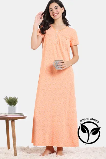 Buy Zivame Pixel Play Knit Cotton Full Length Nightdress - Mock Orange